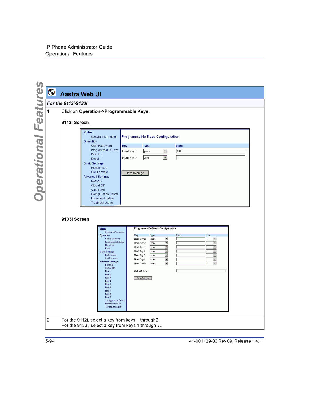 Aastra Telecom 480I CT manual For the 9112i/9133i, Click on Operation-Programmable Keys i Screen 9133i Screen 