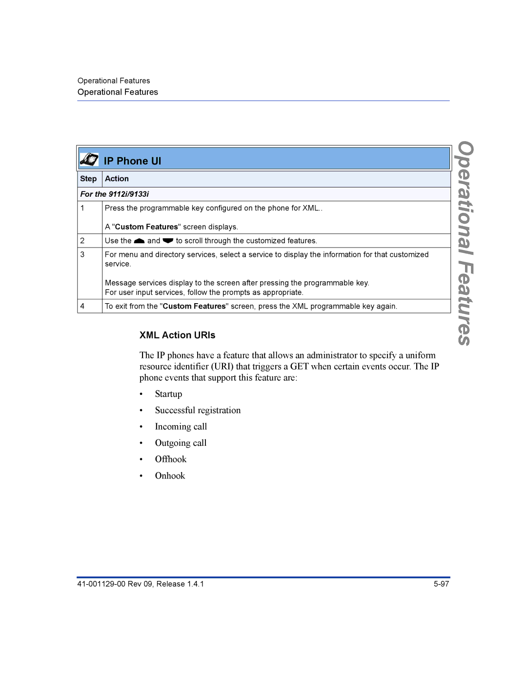 Aastra Telecom 480I CT manual XML Action URIs, For the 9112i/9133i 