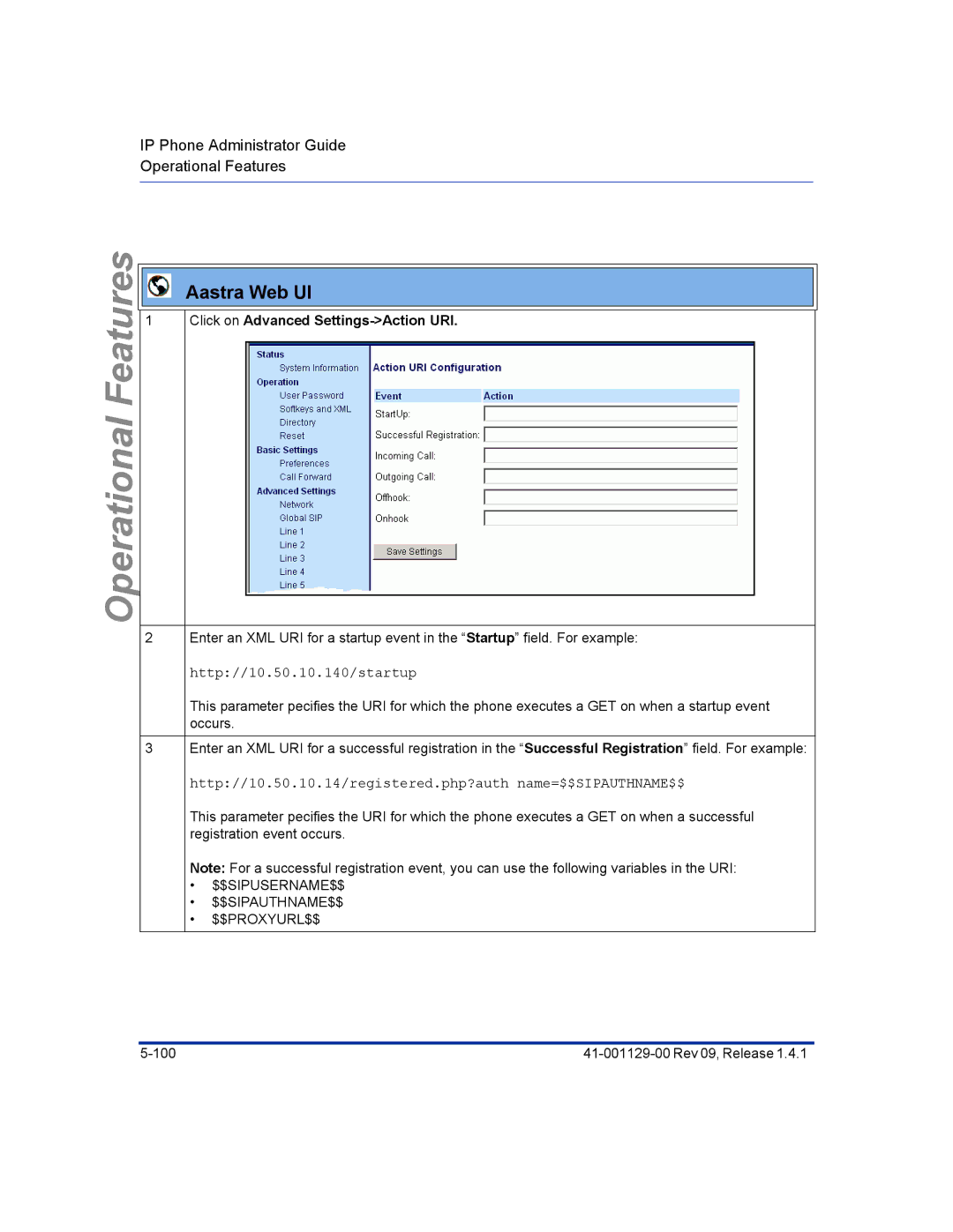 Aastra Telecom 480I CT manual Click on Advanced Settings-Action URI, Http//10.50.10.140/startup 