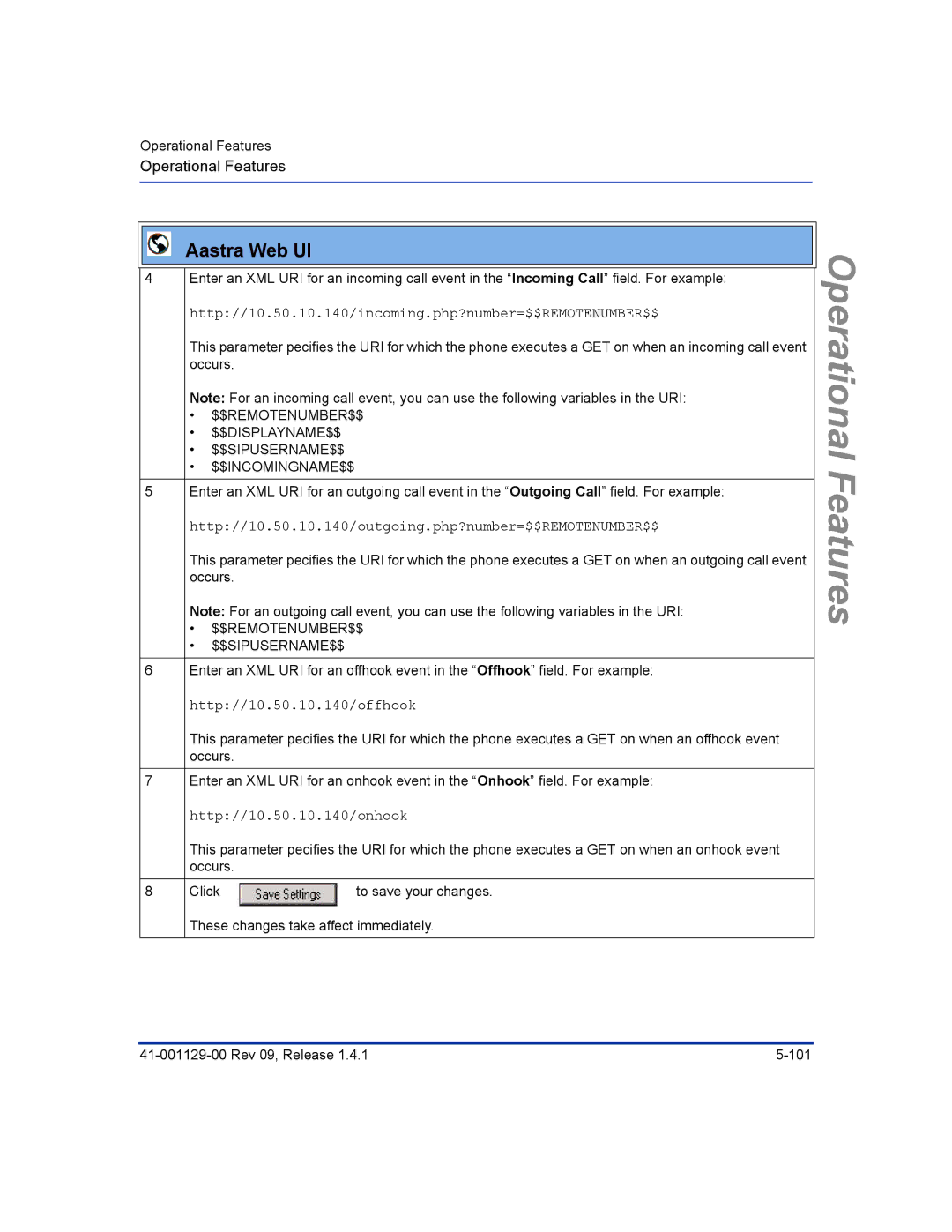 Aastra Telecom 480I CT manual Http//10.50.10.140/outgoing.php?number=$$REMOTENUMBER$$ 