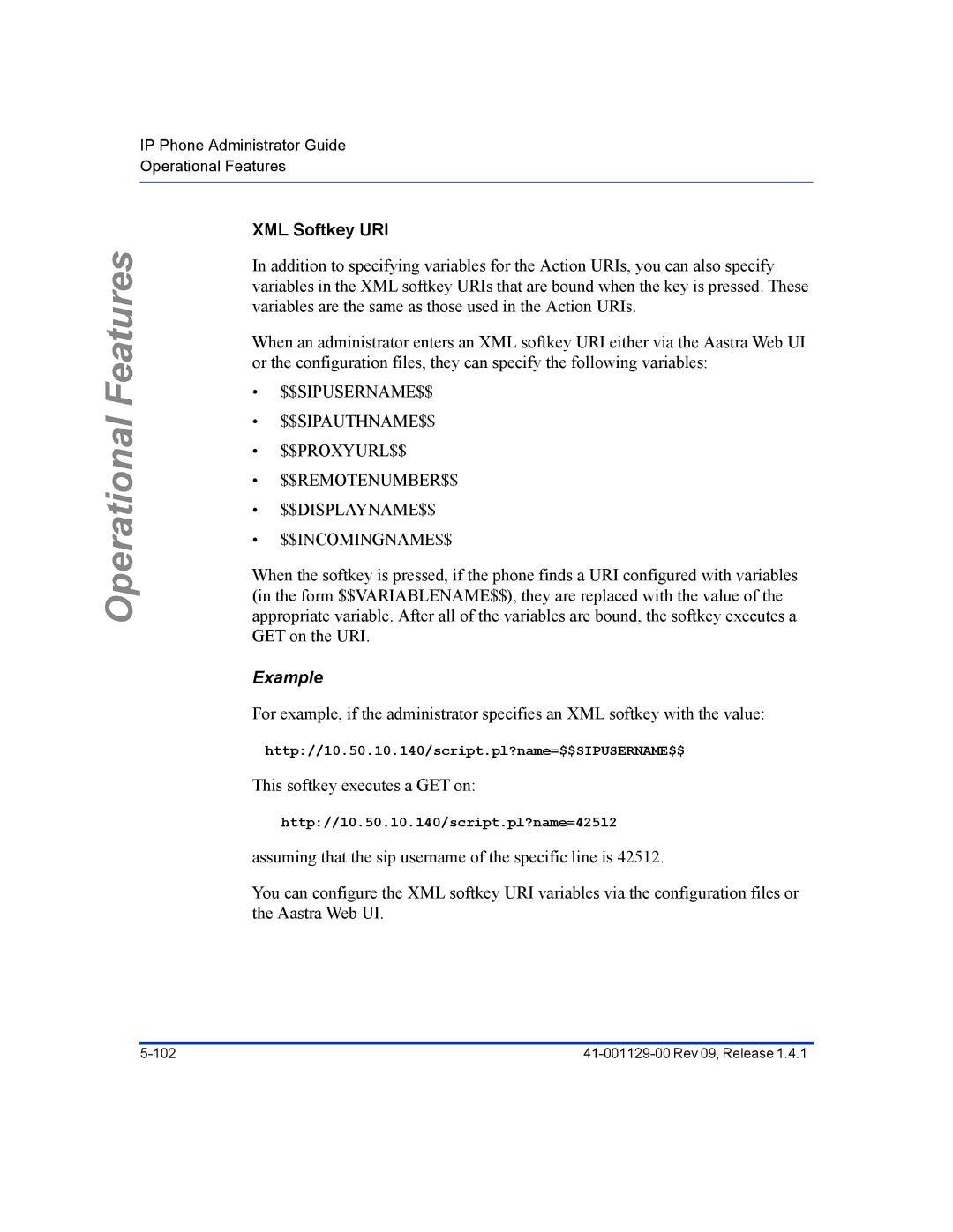 Aastra Telecom 480I CT manual XML Softkey URI, Example 