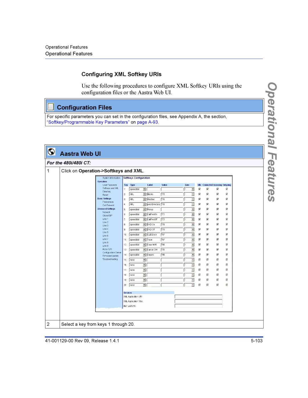 Aastra Telecom 480I CT manual Configuring XML Softkey URIs, For the 480i/480i CT 