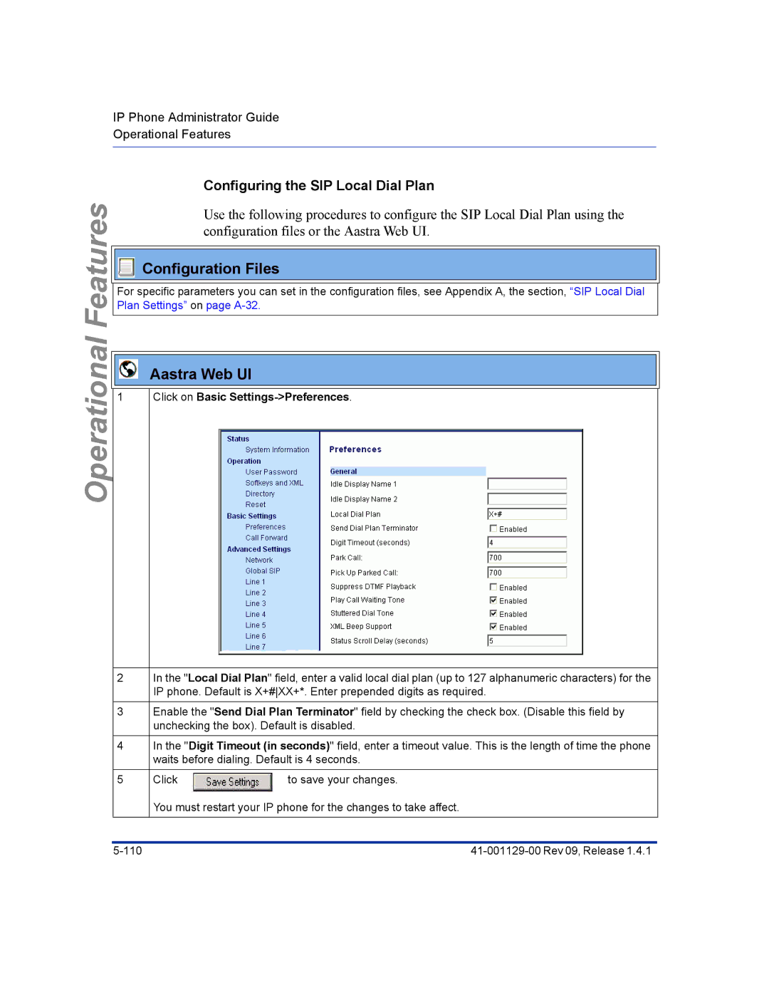 Aastra Telecom 480I CT manual Configuring the SIP Local Dial Plan, Click on Basic Settings-Preferences 