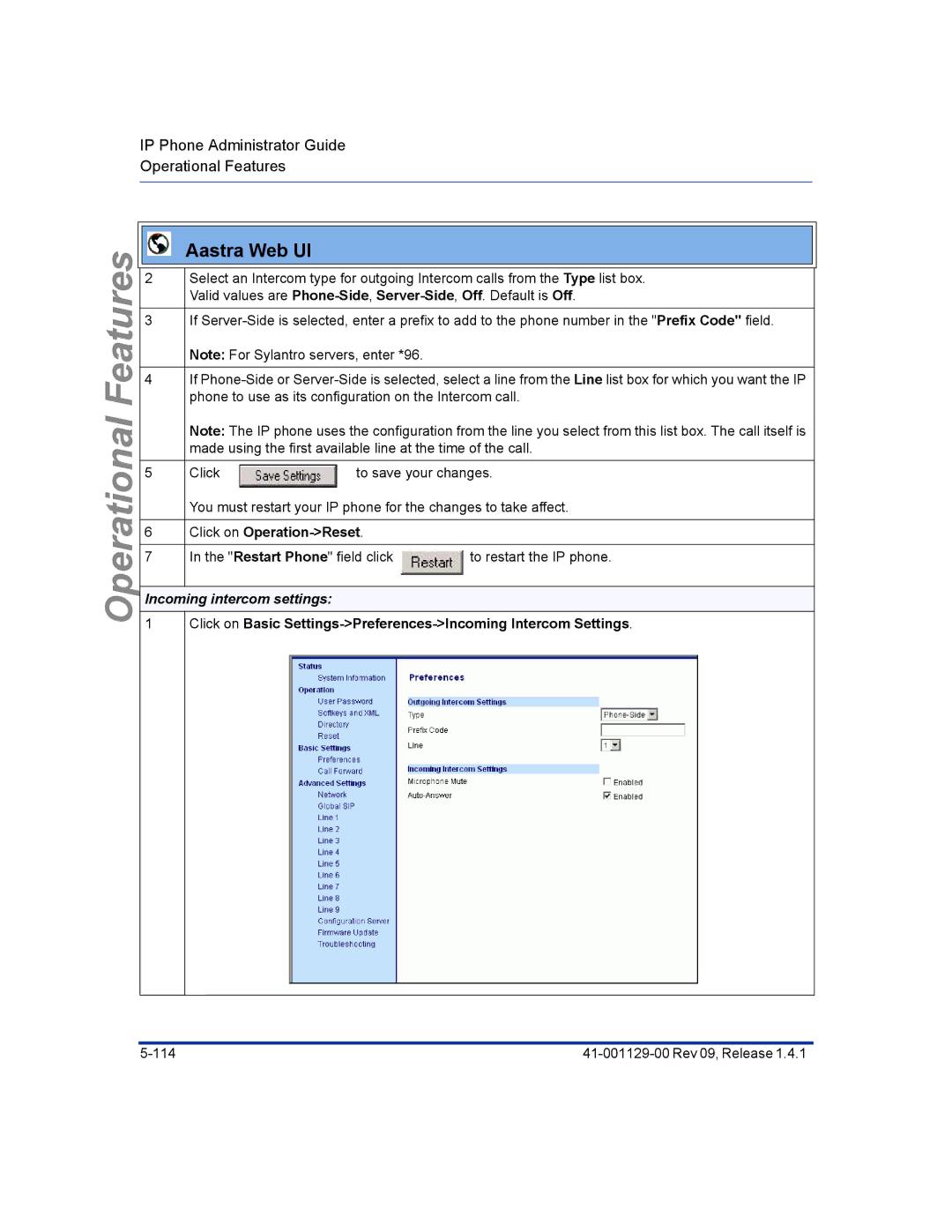 Aastra Telecom 480I CT manual Click on Operation-Reset, Incoming intercom settings 