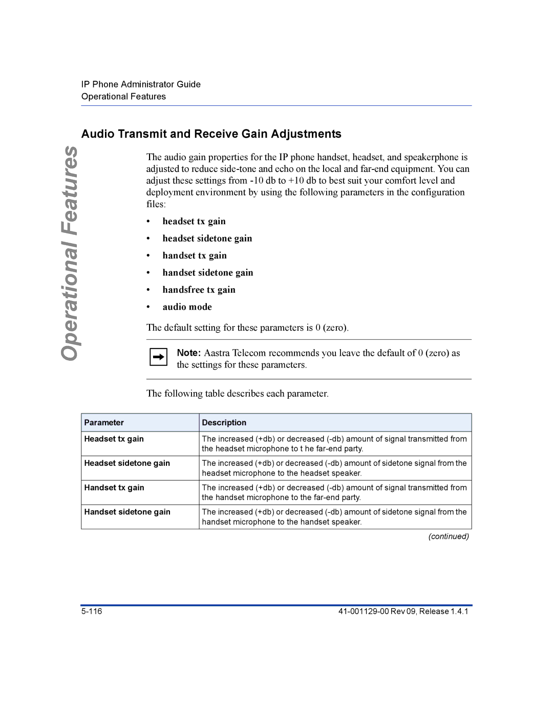 Aastra Telecom 480I CT Audio Transmit and Receive Gain Adjustments, Parameter Description Headset tx gain, Handset tx gain 