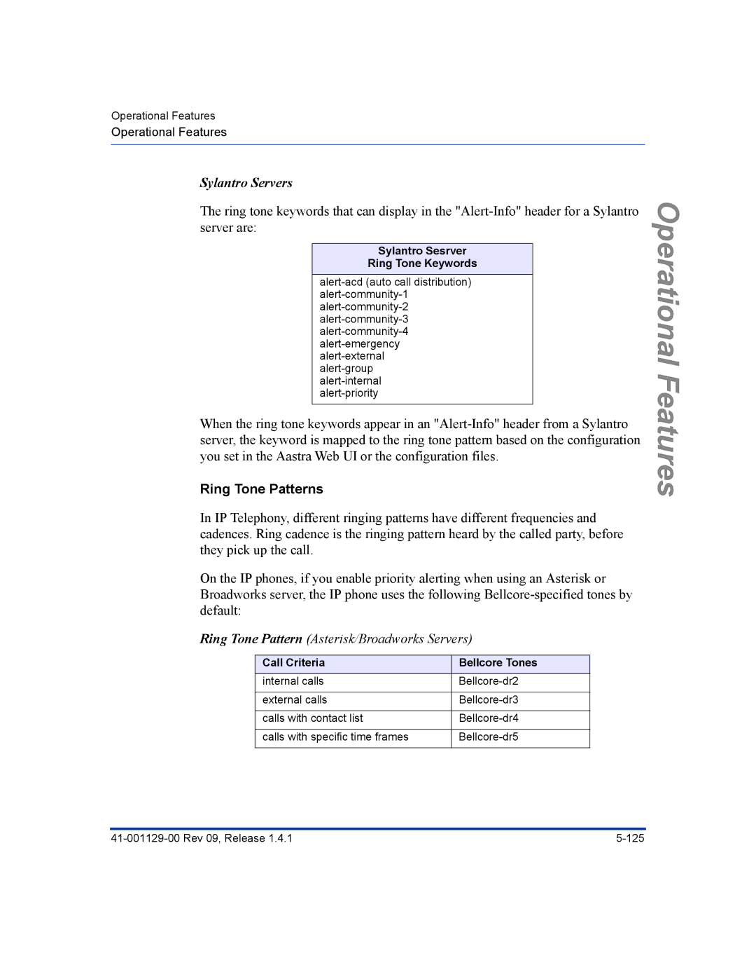 Aastra Telecom 480I CT manual Ring Tone Patterns, Sylantro Sesrver Ring Tone Keywords, Call Criteria Bellcore Tones 