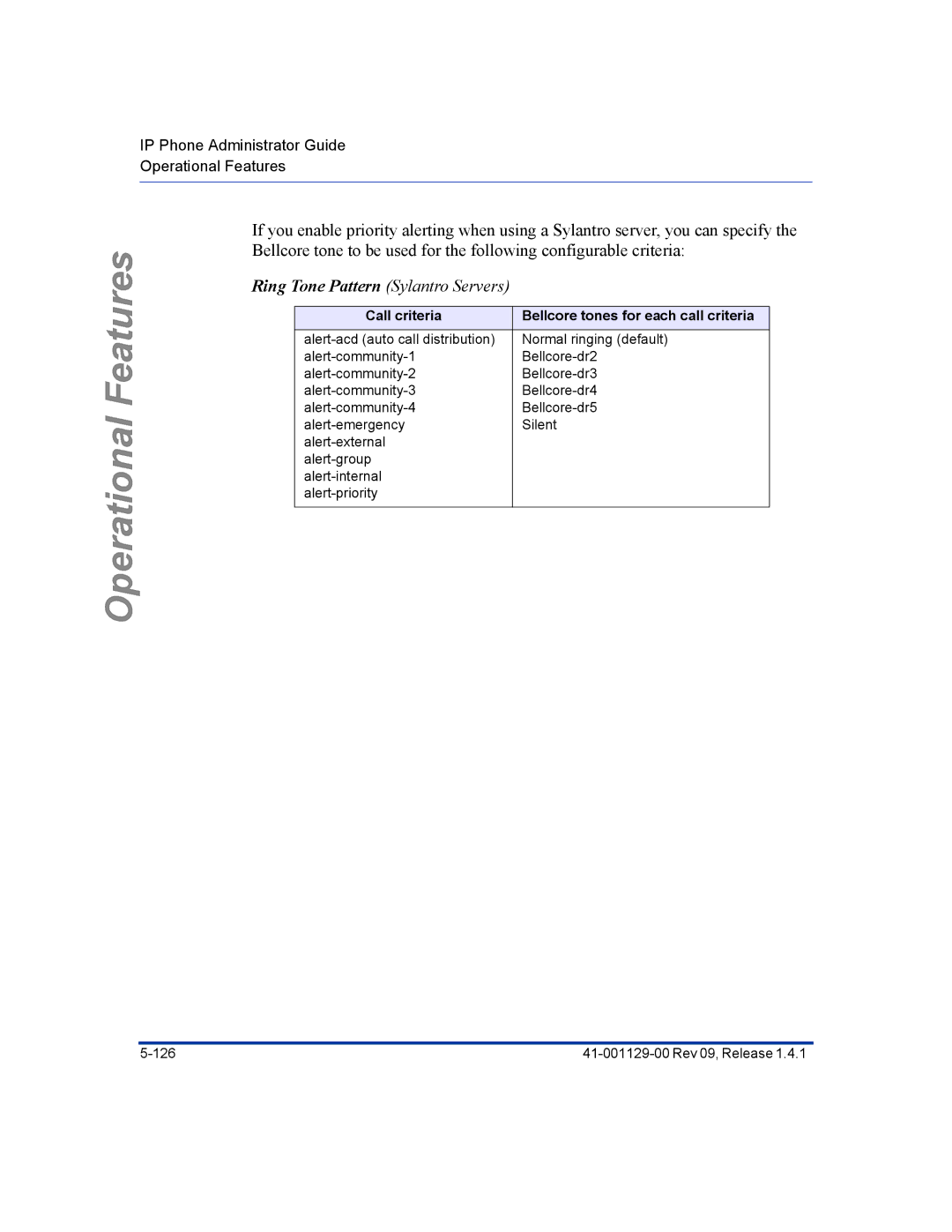 Aastra Telecom 480I CT manual Ring Tone Pattern Sylantro Servers, Call criteria Bellcore tones for each call criteria 