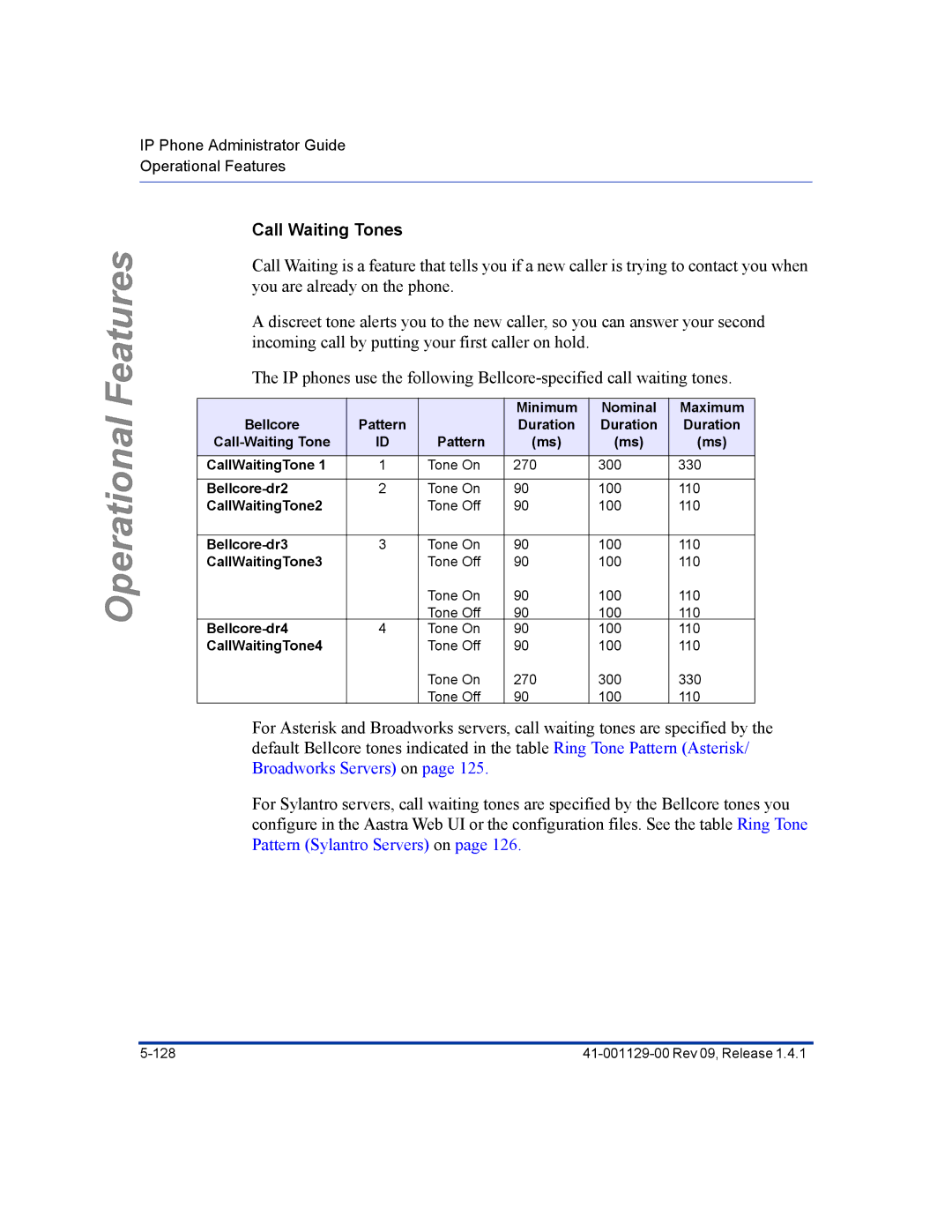 Aastra Telecom 480I CT manual Call Waiting Tones 