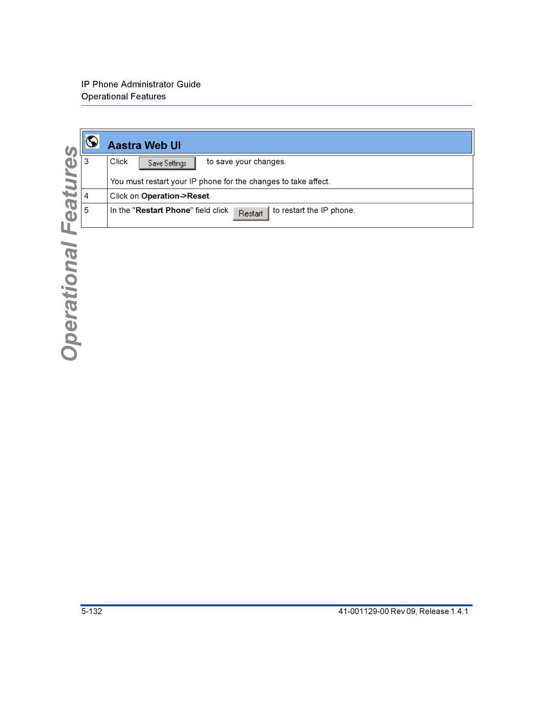 Aastra Telecom 480I CT manual Restart Phone field click to restart the IP phone 132 