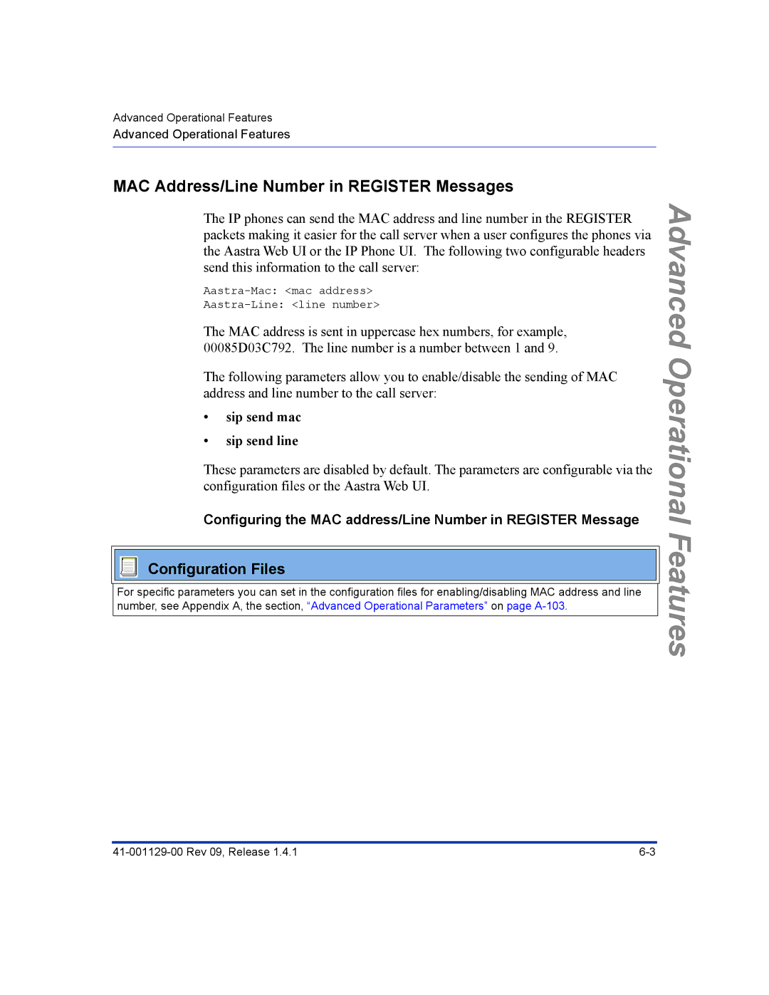 Aastra Telecom 480I CT manual MAC Address/Line Number in Register Messages, Sip send mac Sip send line 