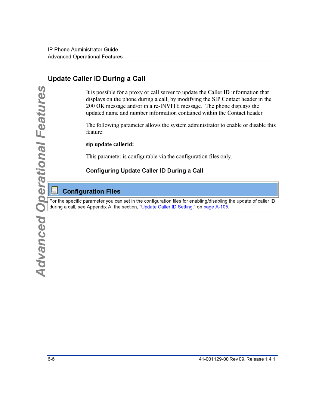 Aastra Telecom 480I CT manual Sip update callerid, Configuring Update Caller ID During a Call 