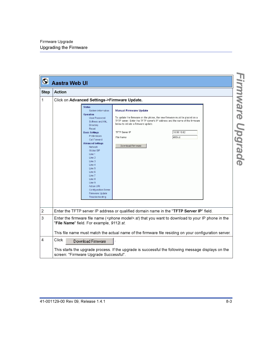 Aastra Telecom 480I CT manual Step Action Click on Advanced Settings-Firmware Update 