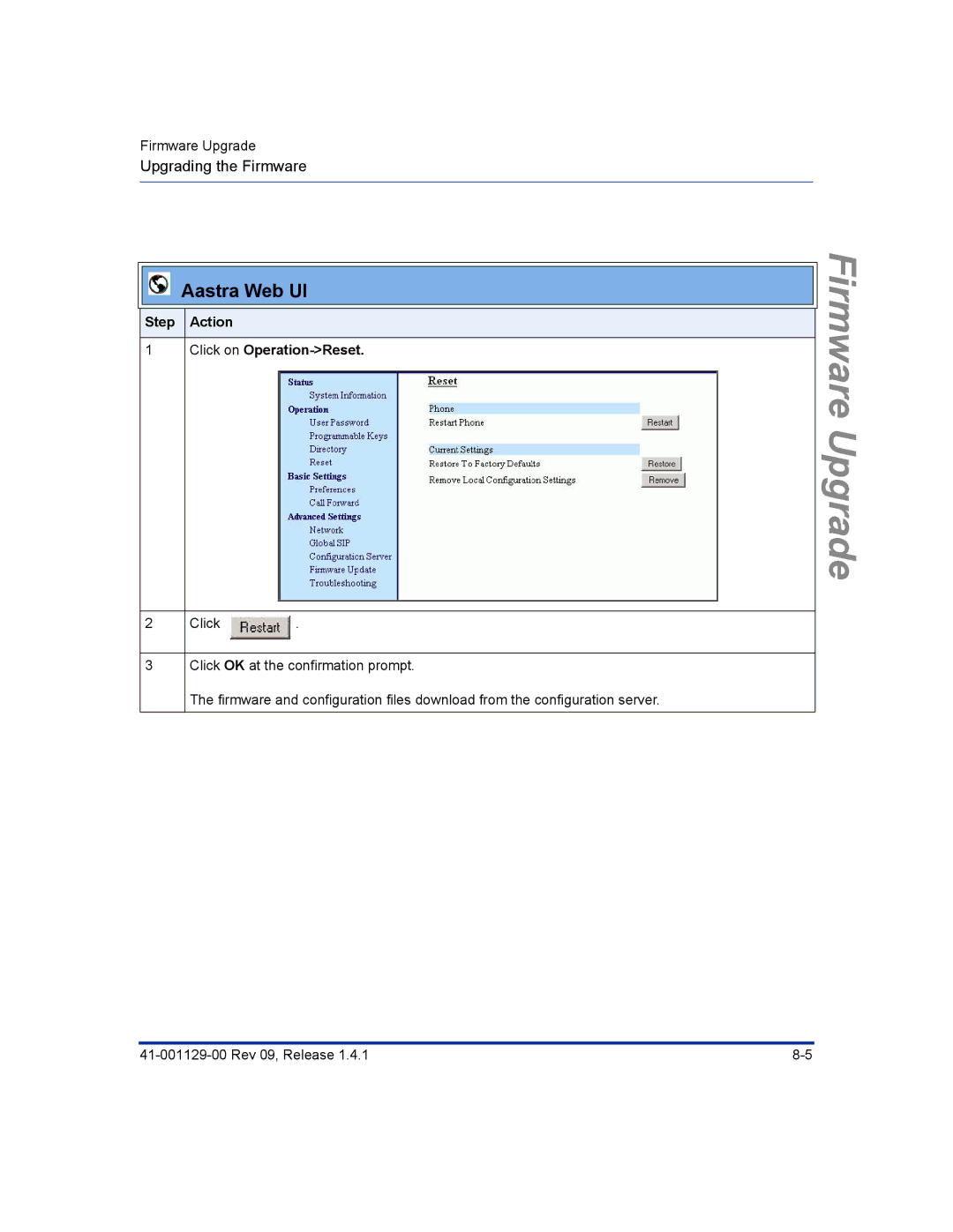 Aastra Telecom 480I CT manual Step Action Click on Operation-Reset 