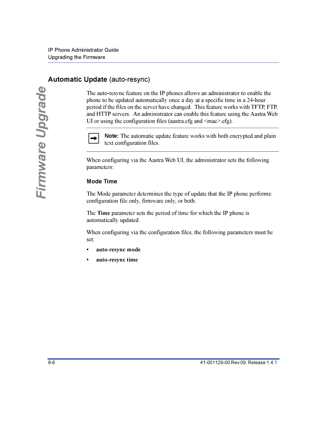 Aastra Telecom 480I CT manual Automatic Update auto-resync, Mode Time, Auto-resync mode Auto-resync time 