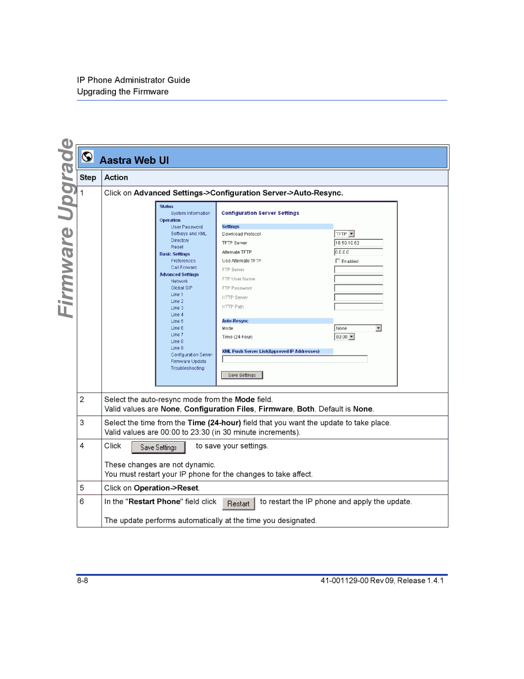 Aastra Telecom 480I CT manual Select the auto-resync mode from the Mode field 