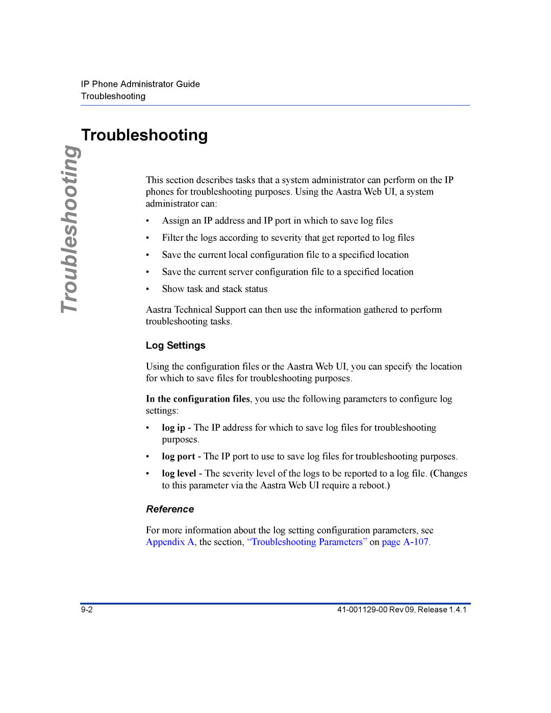 Aastra Telecom 480I CT manual Troubleshooting, Log Settings 