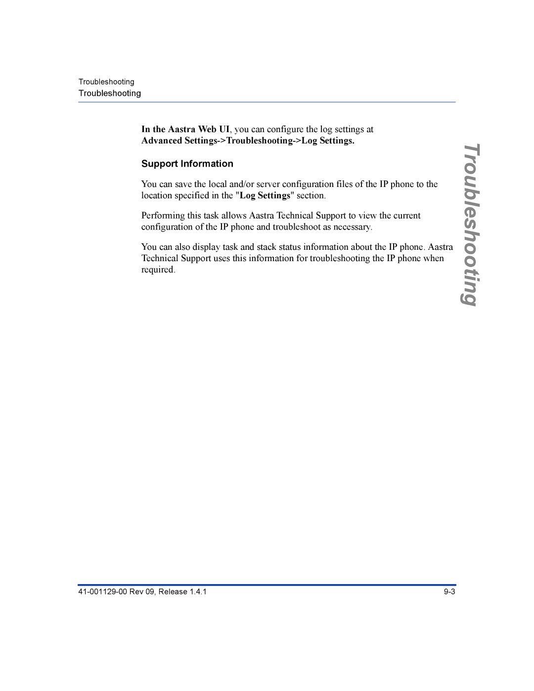 Aastra Telecom 480I CT manual Advanced Settings-Troubleshooting-Log Settings, Support Information 