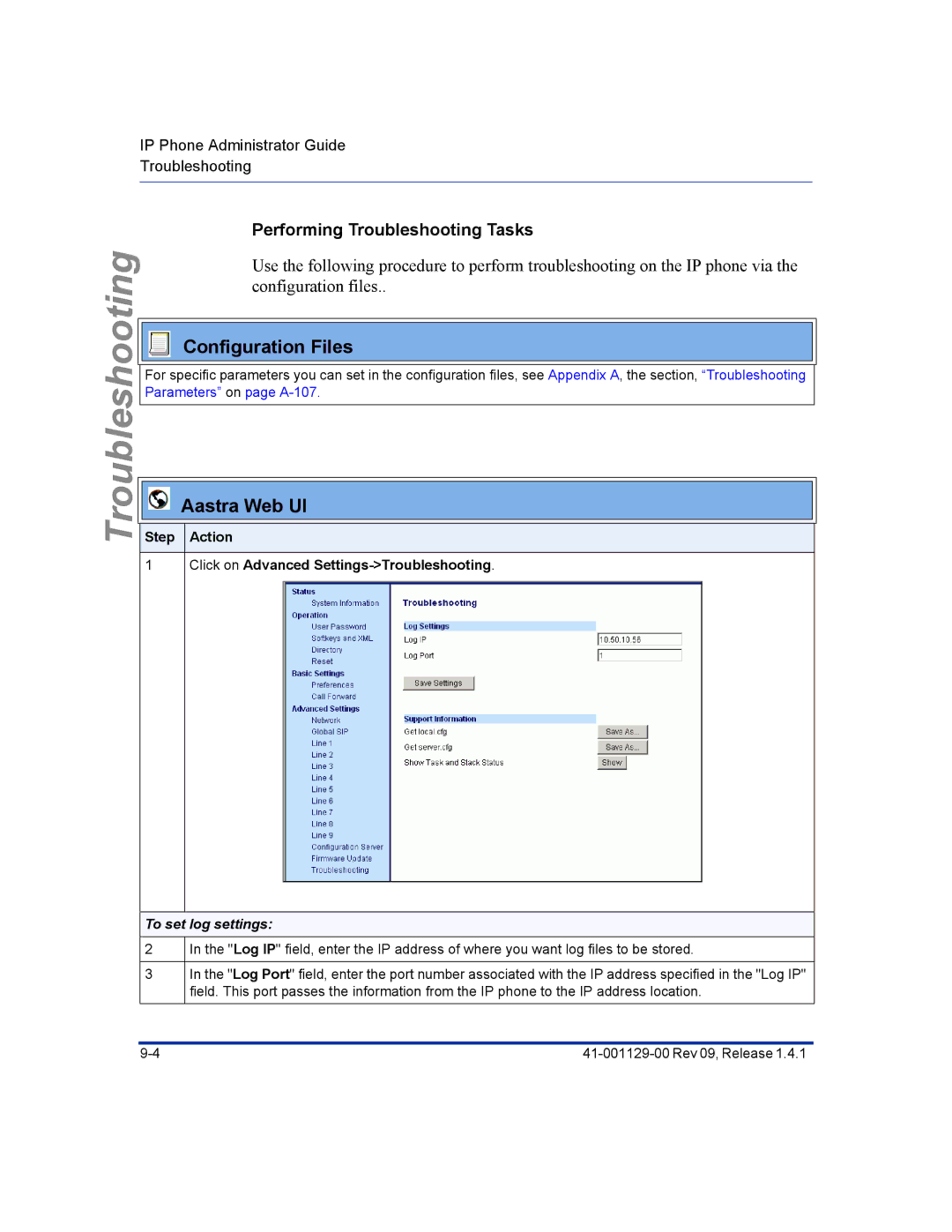 Aastra Telecom 480I CT manual Performing Troubleshooting Tasks, Step Action Click on Advanced Settings-Troubleshooting 