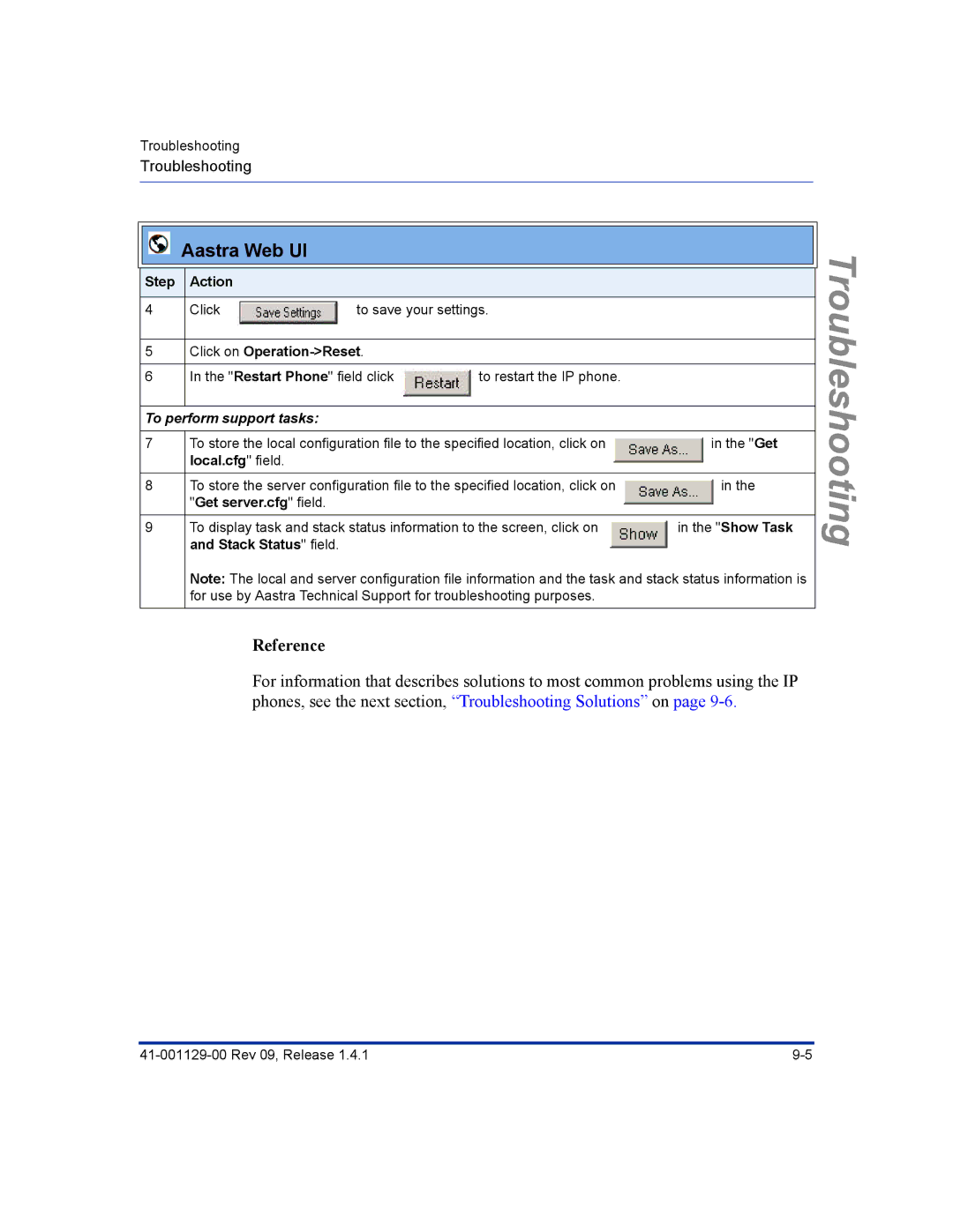 Aastra Telecom 480I CT To perform support tasks, Local.cfg field, Get server.cfg field, Show Task Stack Status field 