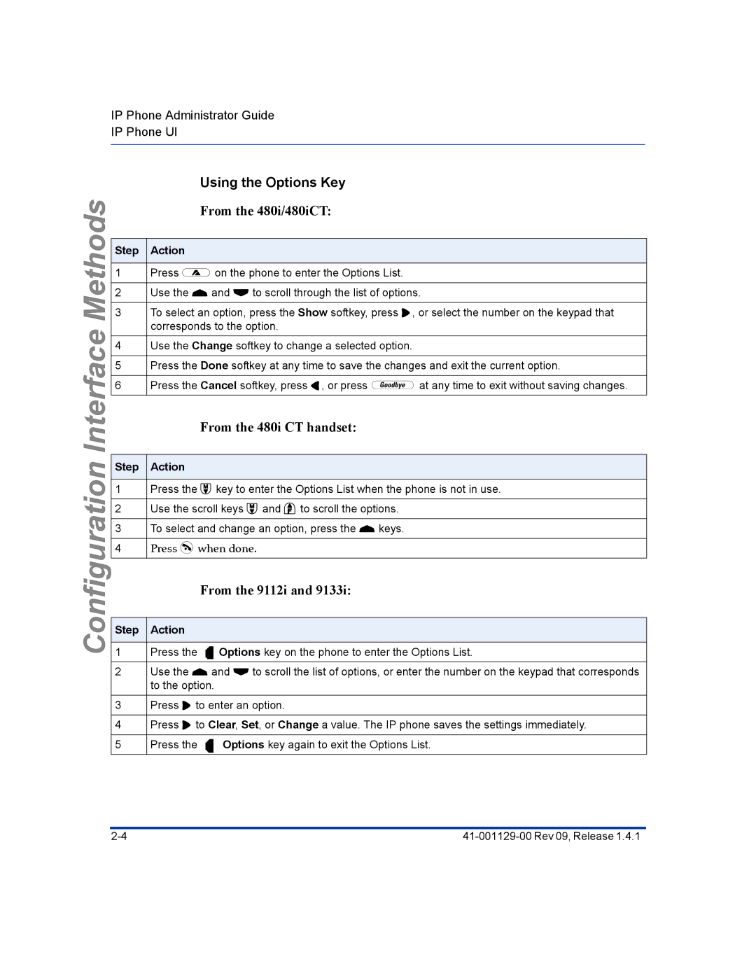 Aastra Telecom 480I CT manual Using the Options Key, From the 480i/480iCT, From the 480i CT handset, From the 9112i 