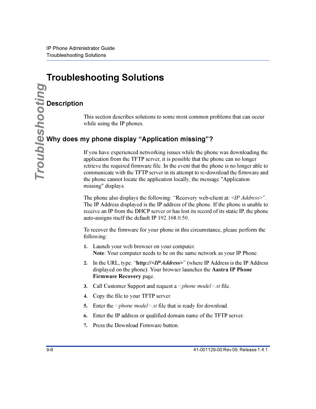 Aastra Telecom 480I CT manual Troubleshooting Solutions, Why does my phone display Application missing? 