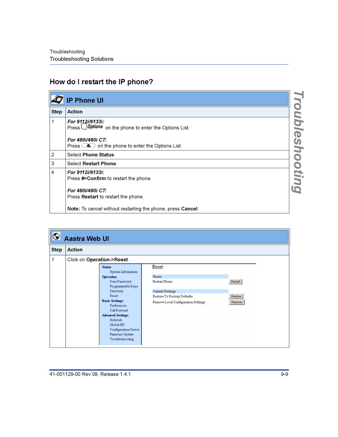 Aastra Telecom 480I CT manual How do I restart the IP phone?, Step Action 