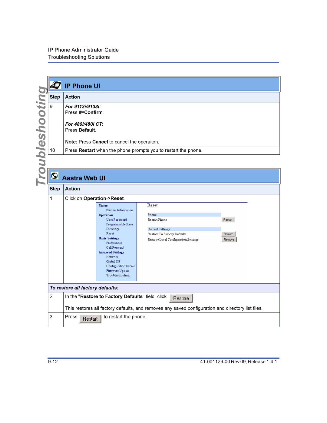 Aastra Telecom 480I CT manual Step Action Click on Operation-Reset, Restore to Factory Defaults field, click 