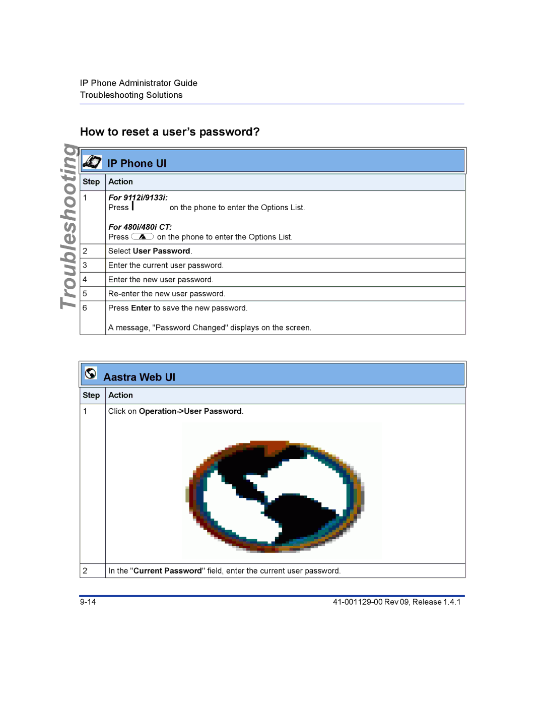 Aastra Telecom 480I CT manual How to reset a user’s password?, Step Action Click on Operation-User Password 