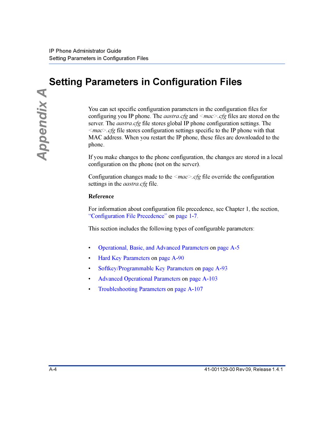 Aastra Telecom 480I CT manual Setting Parameters in Configuration Files, Reference 