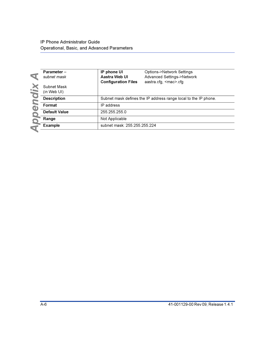 Aastra Telecom 480I CT manual Subnet mask 