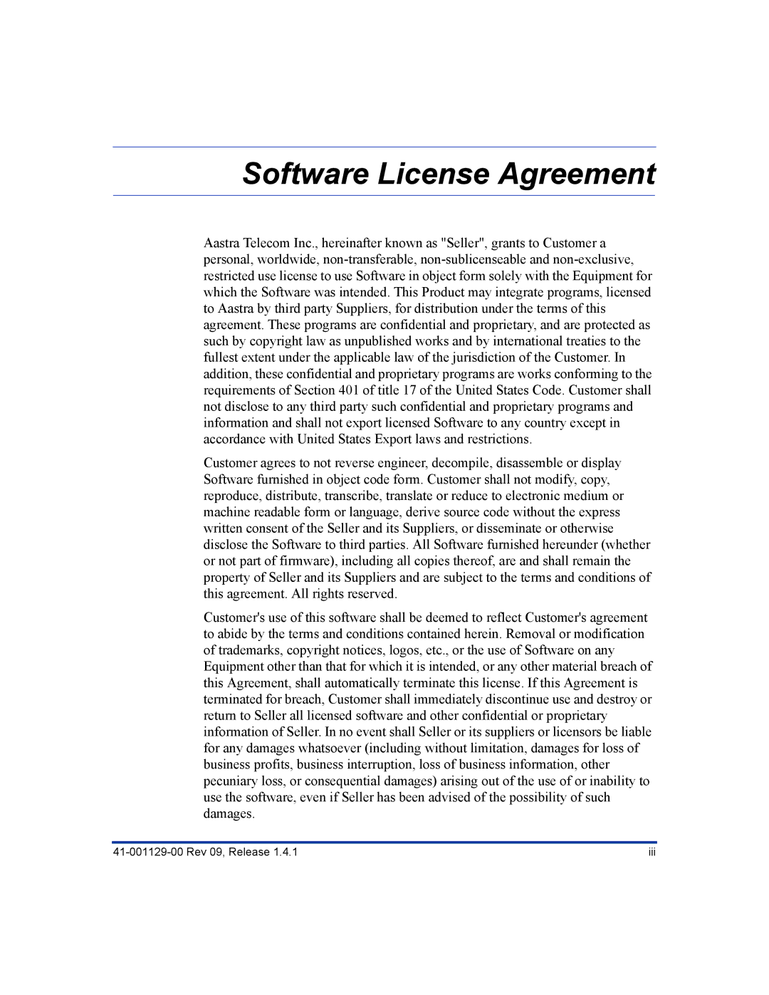 Aastra Telecom 480I CT manual Software License Agreement 