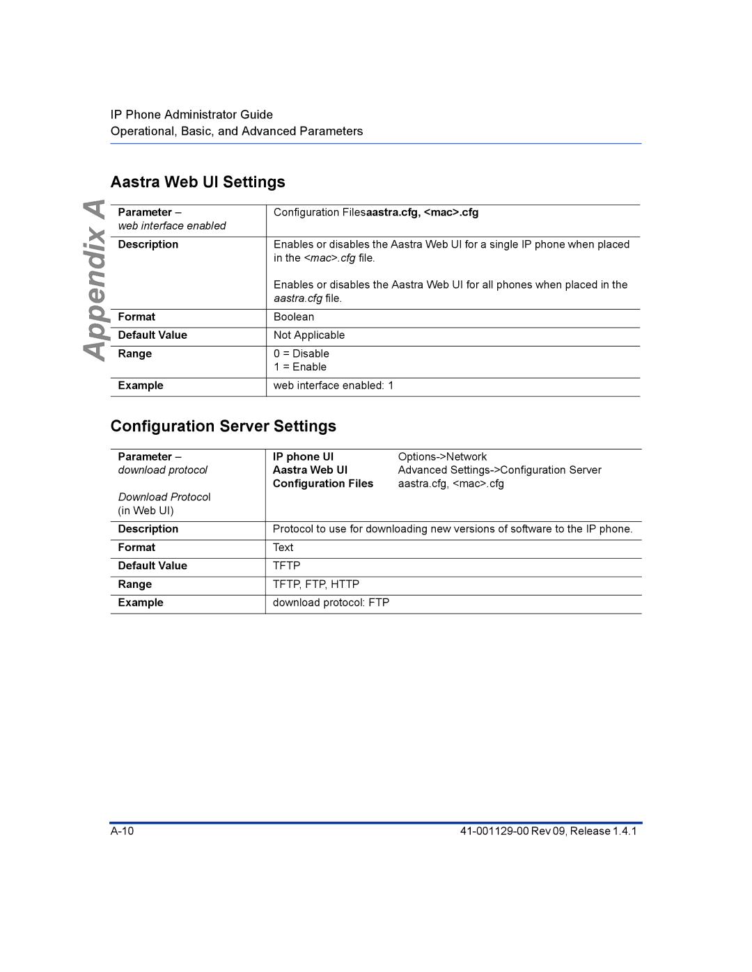 Aastra Telecom 480I CT manual Aastra Web UI Settings, Parameter Configuration Filesaastra.cfg, mac.cfg 