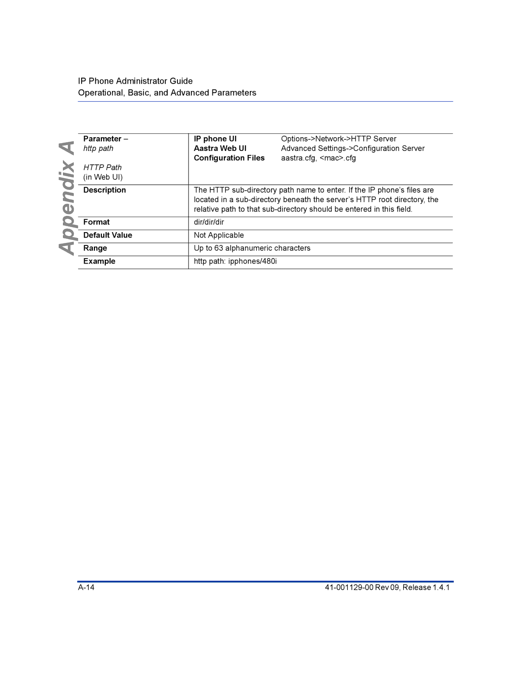 Aastra Telecom 480I CT manual Parameter http path, Description Format Default Value Range Example IP phone UI 