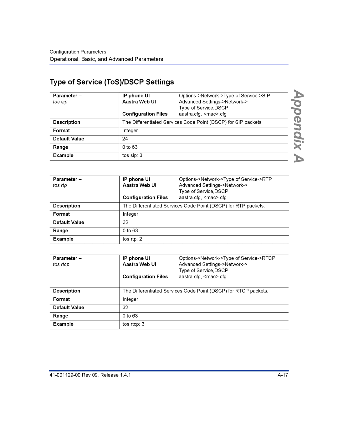 Aastra Telecom 480I CT manual Type of Service ToS/DSCP Settings, Parameter IP phone UI 