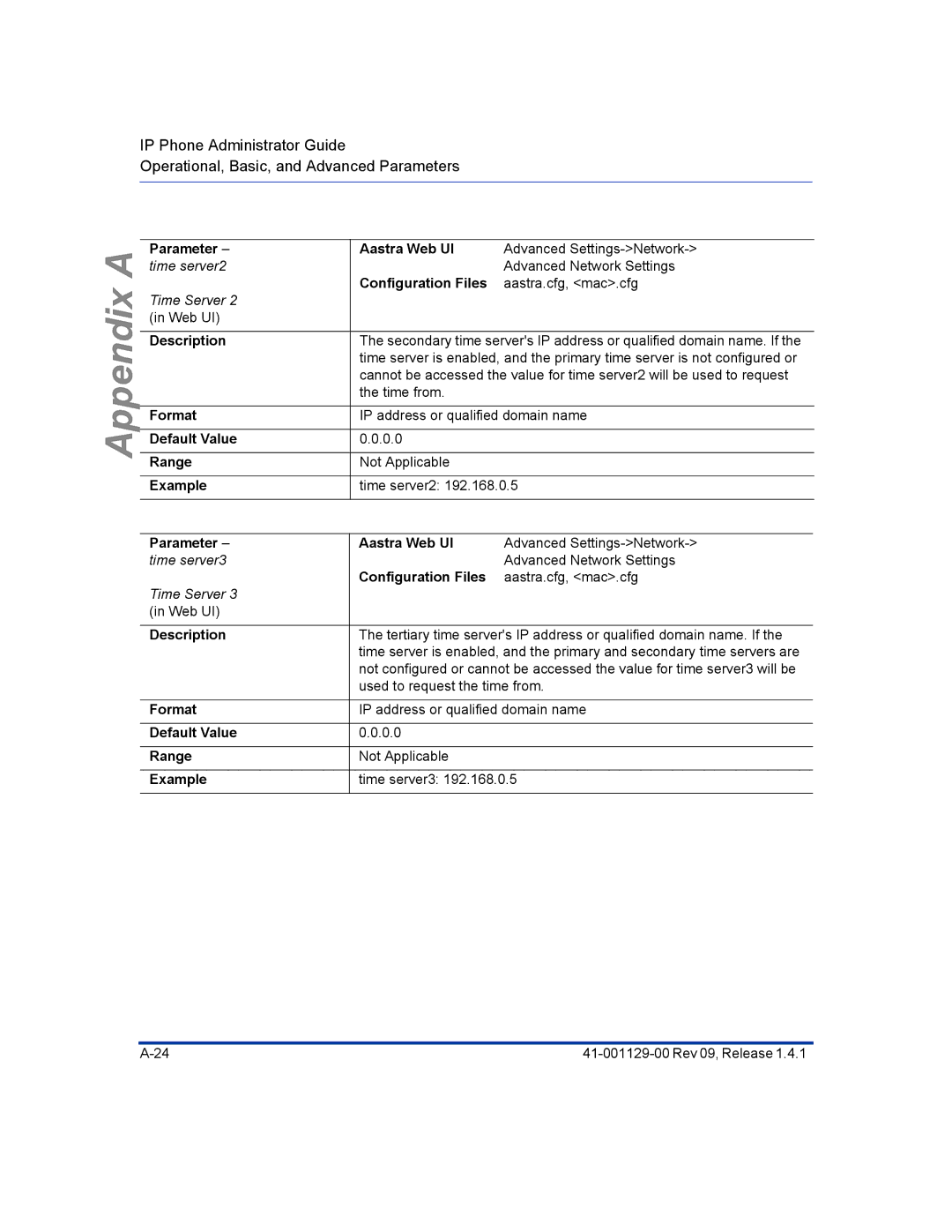 Aastra Telecom 480I CT manual Parameter time server2, Description Format Default Value Range Example Aastra Web UI 