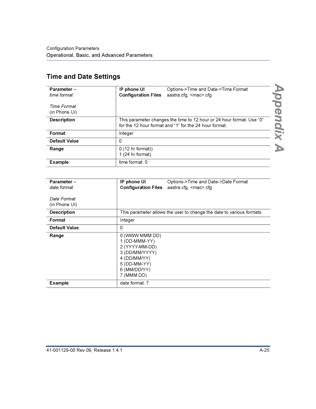 Aastra Telecom 480I CT manual Time and Date Settings, Parameter IP phone UI 