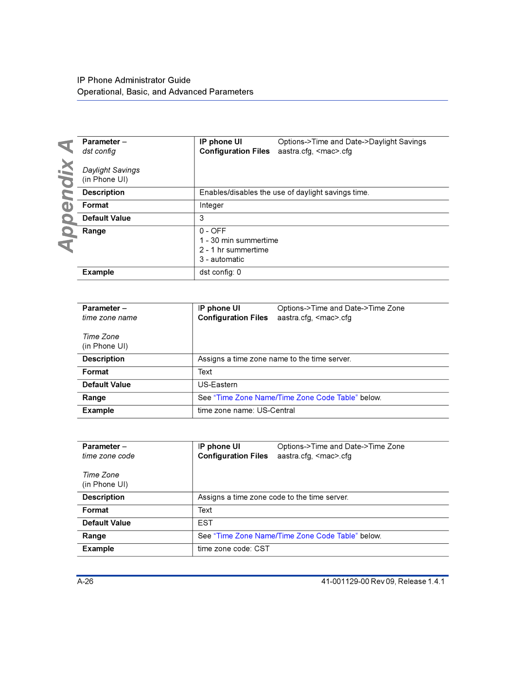 Aastra Telecom 480I CT manual Parameter dst config, Description Format Default Value Range Example IP phone UI 