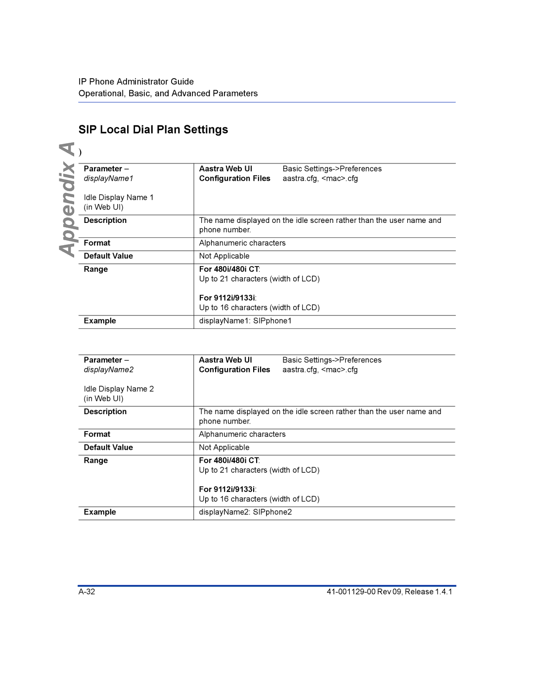 Aastra Telecom 480I CT manual SIP Local Dial Plan Settings, Range For 480i/480i CT 