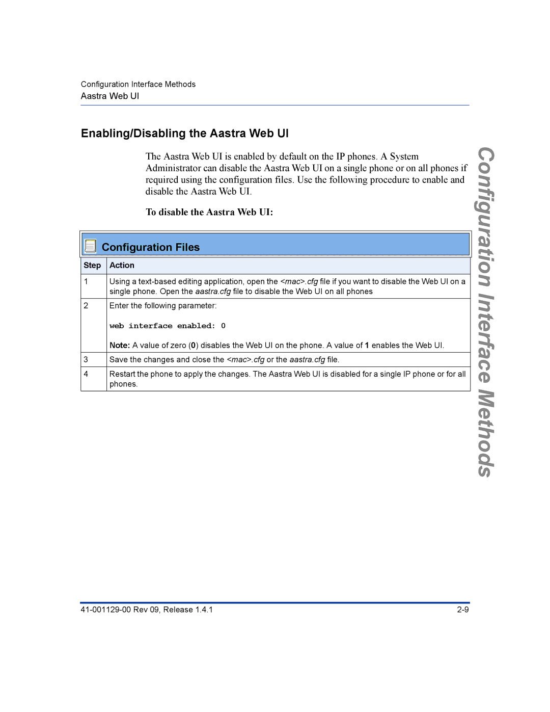 Aastra Telecom 480I CT manual Enabling/Disabling the Aastra Web UI, To disable the Aastra Web UI 