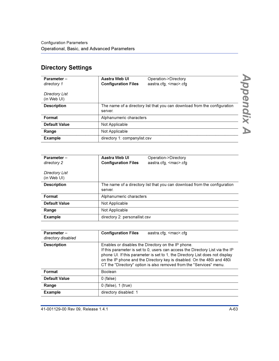 Aastra Telecom 480I CT manual Directory Settings, Parameter Configuration Files 