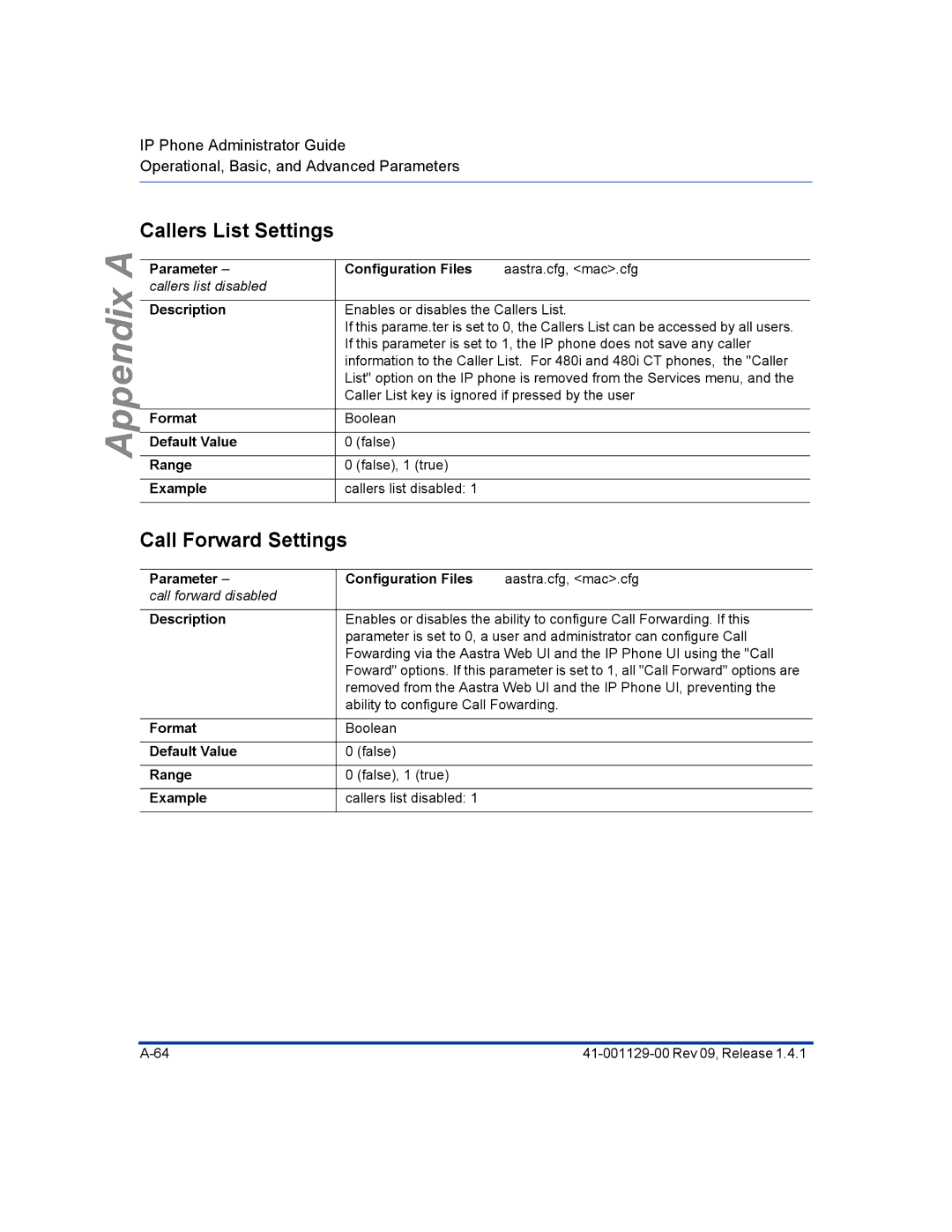 Aastra Telecom 480I CT manual Callers List Settings, Call Forward Settings 