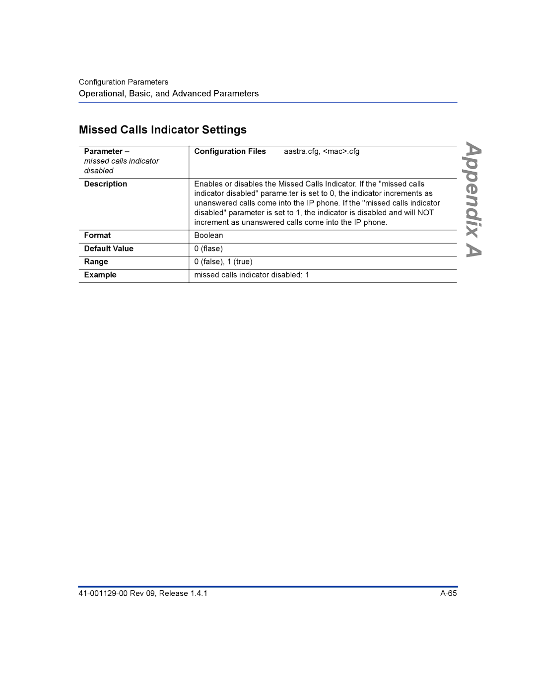 Aastra Telecom 480I CT manual Missed Calls Indicator Settings 