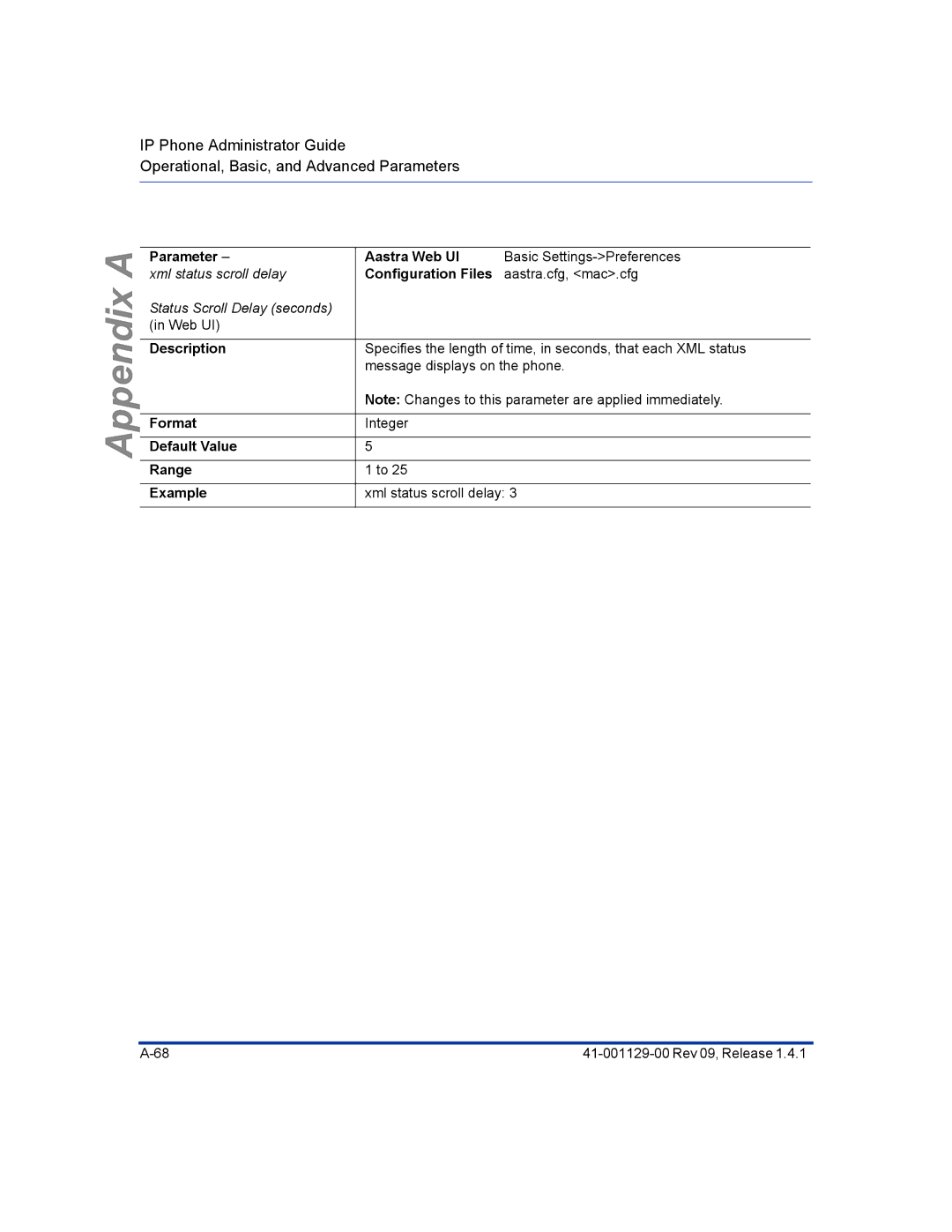 Aastra Telecom 480I CT manual Xml status scroll delay 