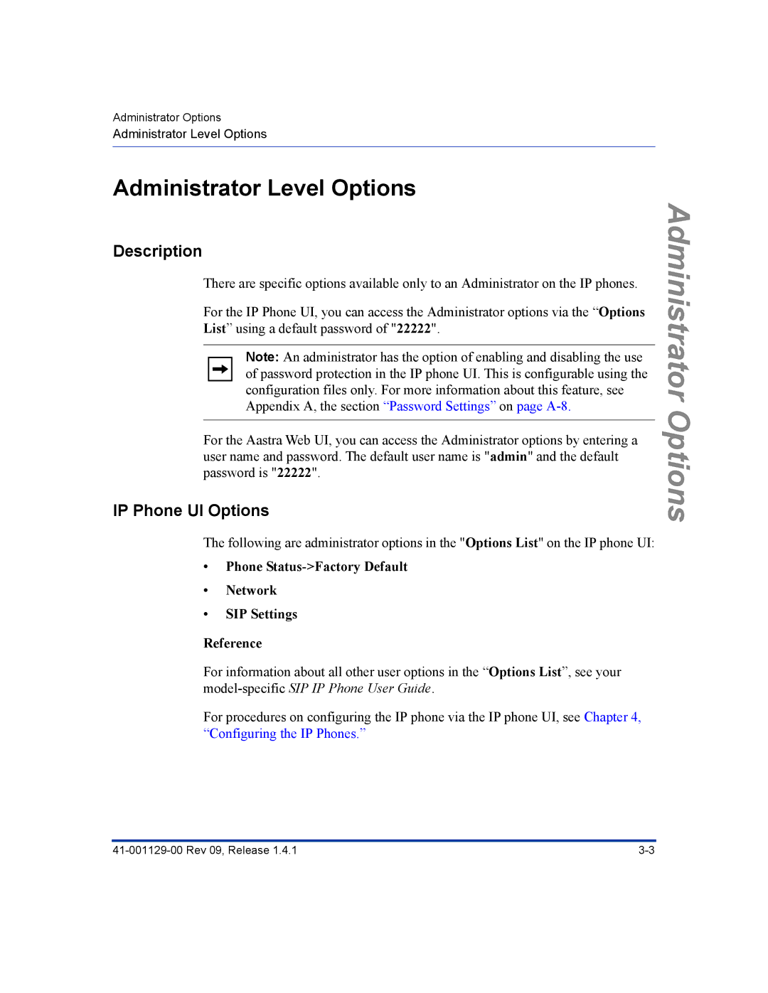 Aastra Telecom 480I CT manual Administrator Level Options, IP Phone UI Options 