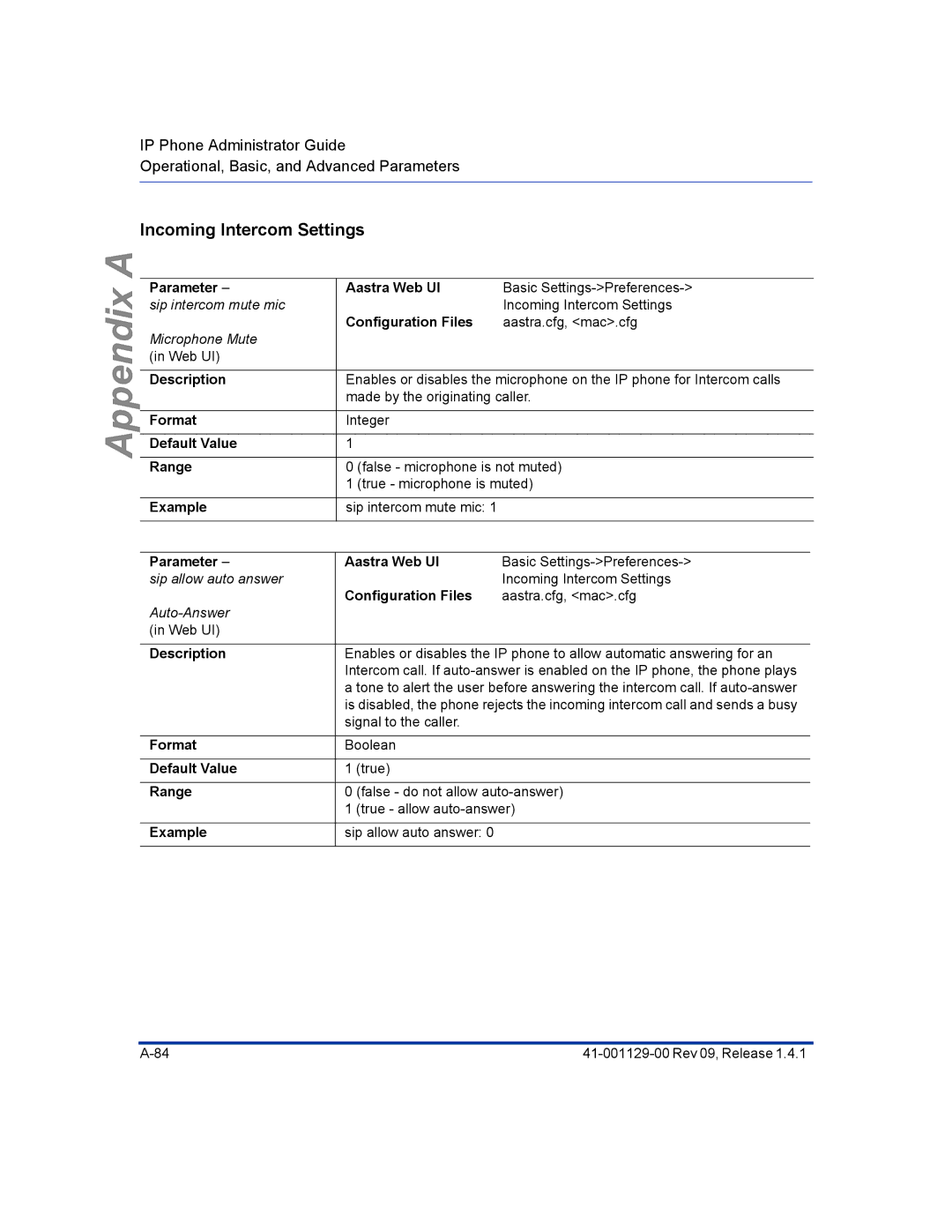 Aastra Telecom 480I CT manual Incoming Intercom Settings, Default Value 