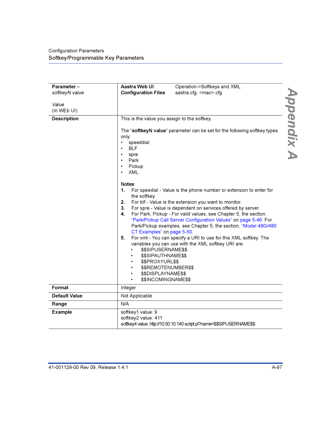 Aastra Telecom 480I CT manual SoftkeyN value 