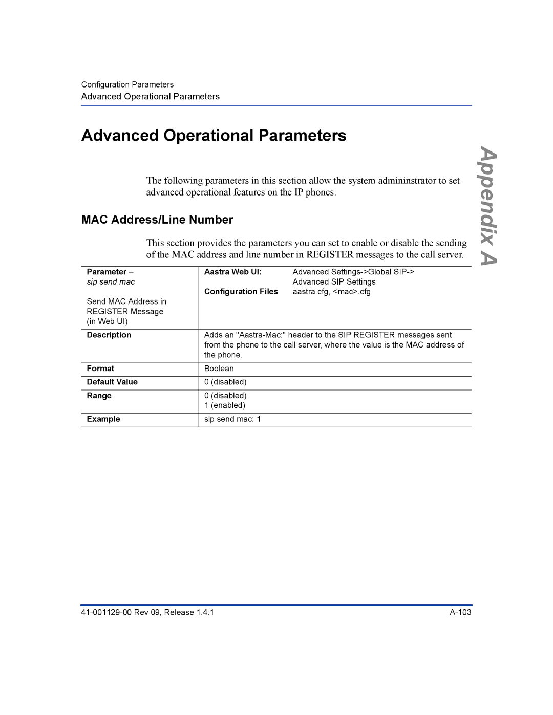 Aastra Telecom 480I CT manual Advanced Operational Parameters, MAC Address/Line Number 