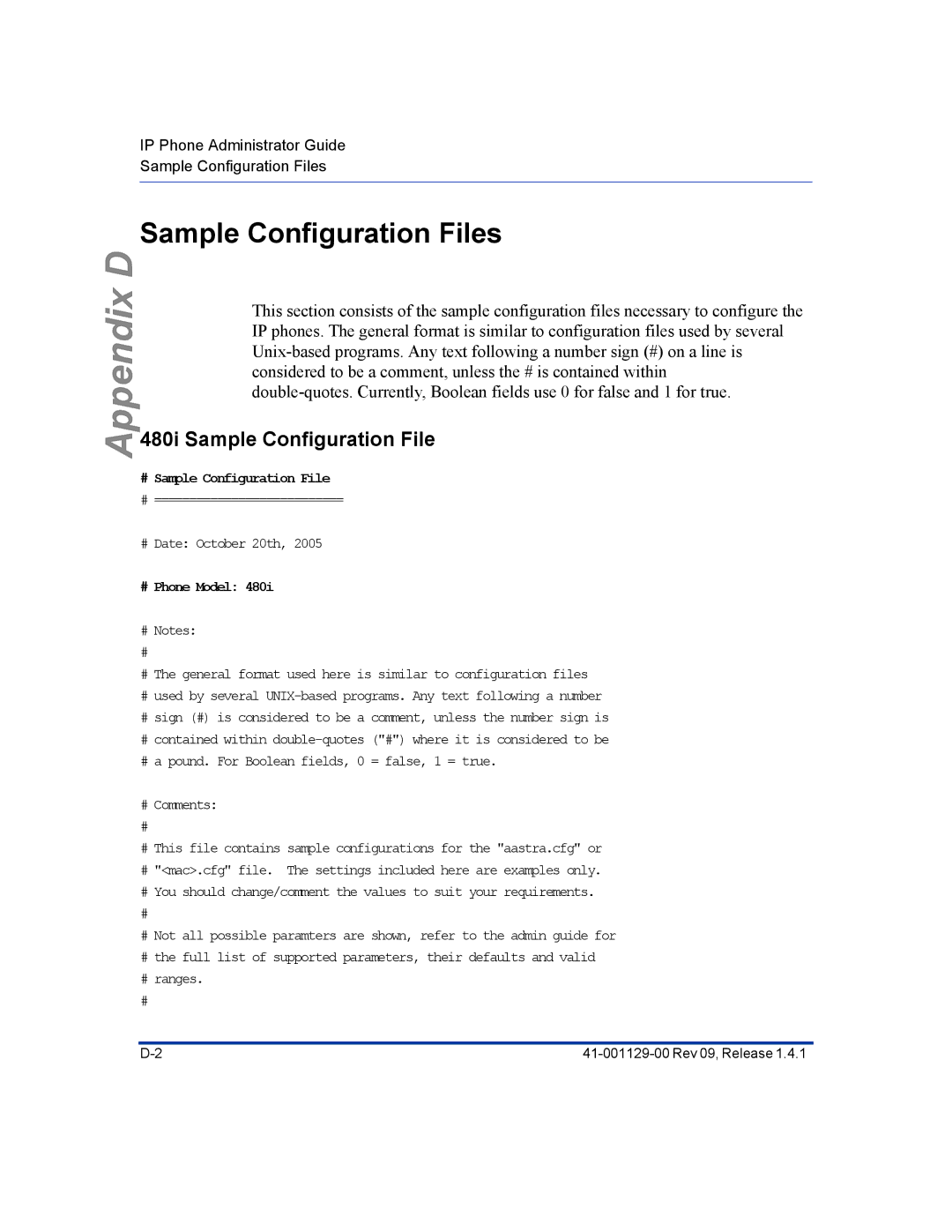 Aastra Telecom 480I CT manual Sample Configuration Files, 480i Sample Configuration File 