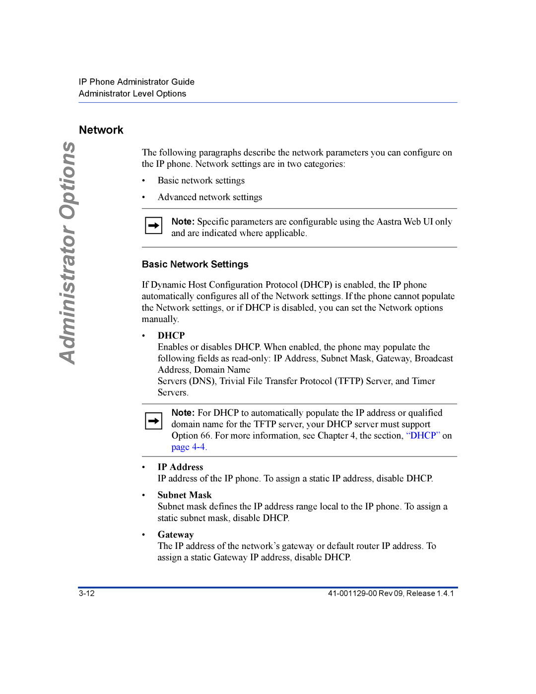 Aastra Telecom 480I CT manual Basic Network Settings, IP Address, Subnet Mask, Gateway 