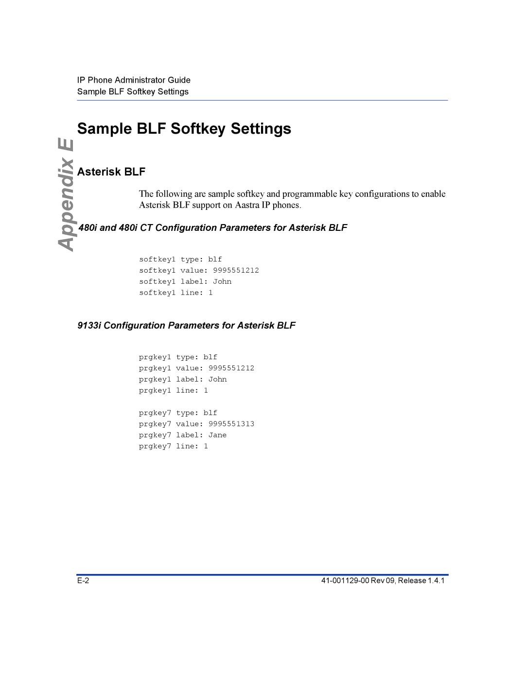 Aastra Telecom 480I CT manual Sample BLF Softkey Settings, 9133i Configuration Parameters for Asterisk BLF 